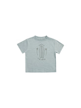 Load image into Gallery viewer, Cotton children&#39;s tee featuring a blue colour and a surfboard graphic

