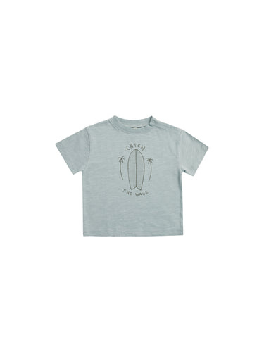 Cotton children's tee featuring a blue colour and a surfboard graphic
