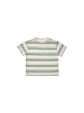 Load image into Gallery viewer, Beige tee featuring large blue horizontal stripes and small orange stripes to give a vintage look. 
