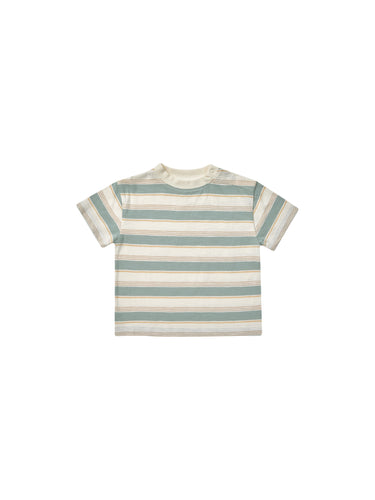 Beige tee featuring large blue horizontal stripes and small orange stripes to give a vintage look. 