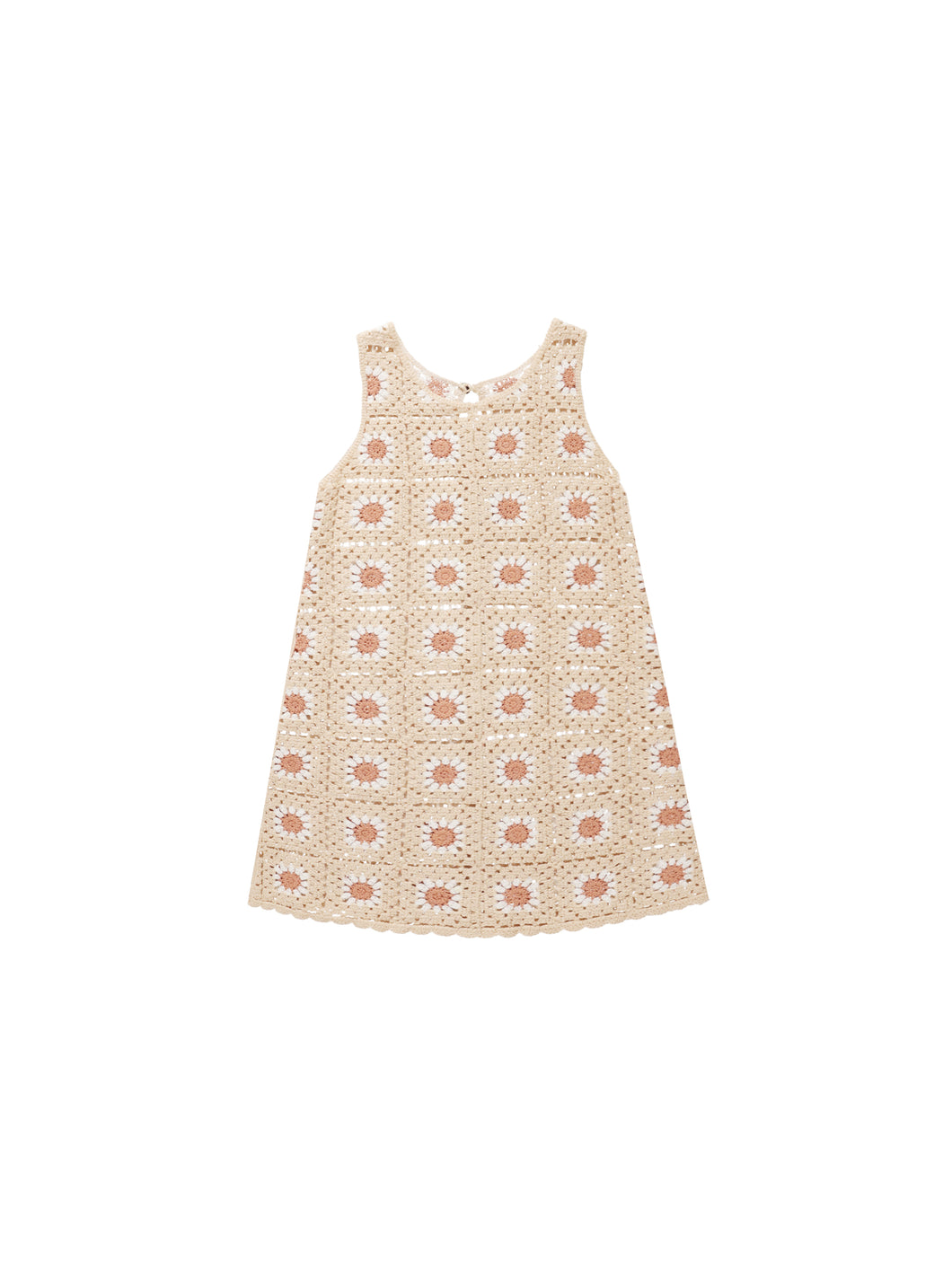 This sleeveless summer essential has an a-line silhouette, scalloped edging, and keyhold button opening on back.  Featuring a floral crochet pattern
