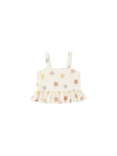 Load image into Gallery viewer, White linen blend children&#39;s tank top with a colourful floral all over print. 

