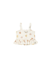 Load image into Gallery viewer, White linen blend children&#39;s tank top with a colourful floral all over print.
