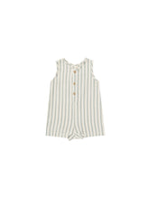 Load image into Gallery viewer, Cotton sleeveless baby romper featuring a cream and blue stripe and buttons down the middle. 
