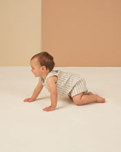 Load image into Gallery viewer, Cotton sleeveless baby romper featuring a cream and blue stripe and buttons down the middle.
