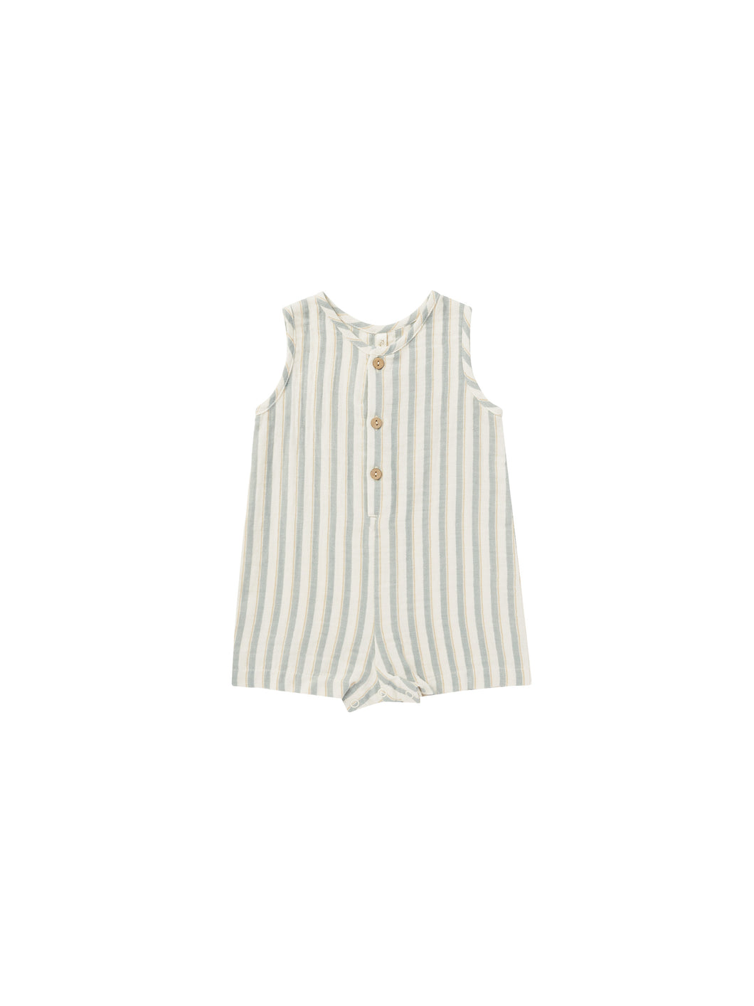 Cotton sleeveless baby romper featuring a cream and blue stripe and buttons down the middle. 