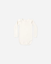 Load image into Gallery viewer, Rylee + Cru Shoulder Ruffle organic cotton baby bodysuit in natural cream.
