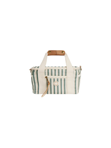 This cooler bag is a warm weather essential for adventures big and small. Side zipper pockets, faux leather strap detail, insulated liner, and enough room for all the treats.  Featuring a aqua stripe all over print