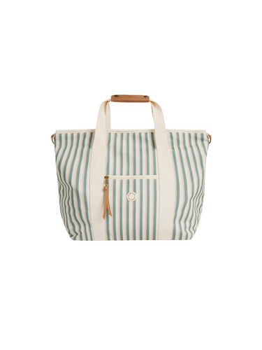 This large cooler tote is your warm weather adventure companion. Zippered pockets, canvas strap, and insulated liner, and all the space for all the goodies.  Featuring an aqua stripe all over print