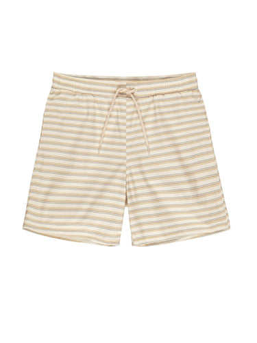Drawstring waistband boardshort featuring a vintage stripe pattern with oranges, blues, and beiges. 