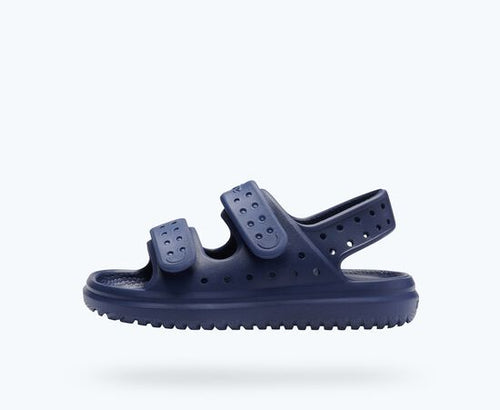 Navy blue sandles from Native Shoes featuring two adjustable straps for a snug fit. 