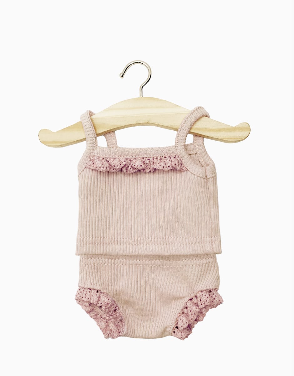 Rose coloured Minikne clothing set. Tank top and underwear set with lace. 