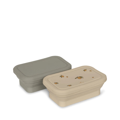 2 Pack of silicone foldable lunchboxes featuring one grey and one beige with a lemon print. 
