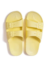 Load image into Gallery viewer, Yellow two strap baby and children sandals with a fixed buckle.
