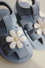 Load image into Gallery viewer, Navy Blue baby strappy sandals featuring a beige flower on the top.
