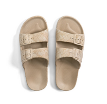 Load image into Gallery viewer, Beige wicker printed two strap baby and children sandals with a fixed buckle.
