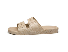 Load image into Gallery viewer, Beige wicker printed two strap baby and children sandals with a fixed buckle.
