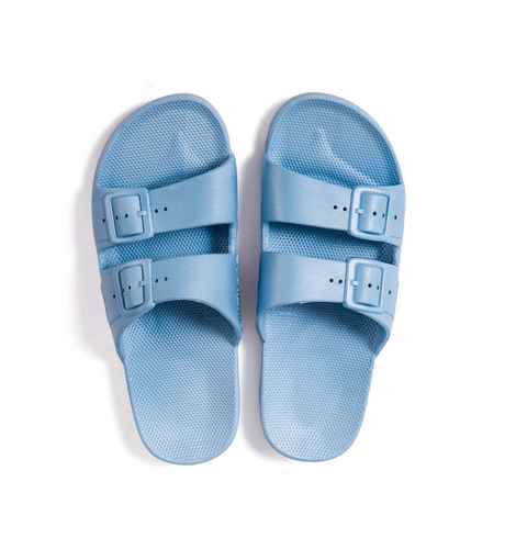 Light blue two strap baby and children sandals with a fixed buckle.
