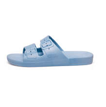 Load image into Gallery viewer, Light blue two strap baby and children sandals with a fixed buckle.
