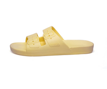 Load image into Gallery viewer, Yellow two strap baby and children sandals with a fixed buckle.
