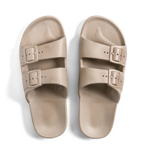 Load image into Gallery viewer, Women&#39;s two strap beige sandals with fixed buckles.
