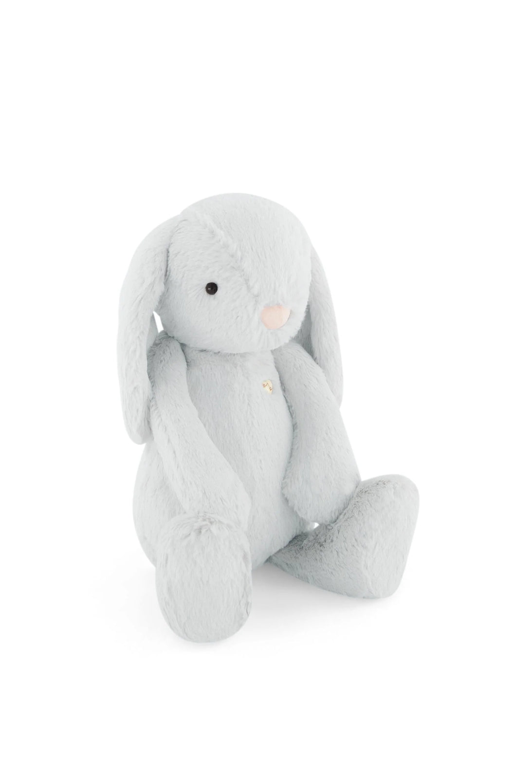 Soft bunny plush toy in a pastel blue colour. 