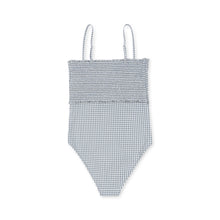 Load image into Gallery viewer, Women&#39;s one piece bathing suit featuring a blue gingham print and adjustable straps.
