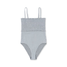 Load image into Gallery viewer, Women&#39;s one piece bathing suit featuring a blue gingham print and adjustable straps. 
