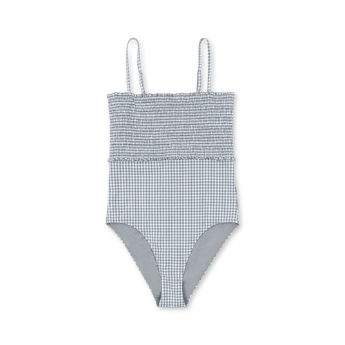 Women's one piece bathing suit featuring a blue gingham print and adjustable straps. 
