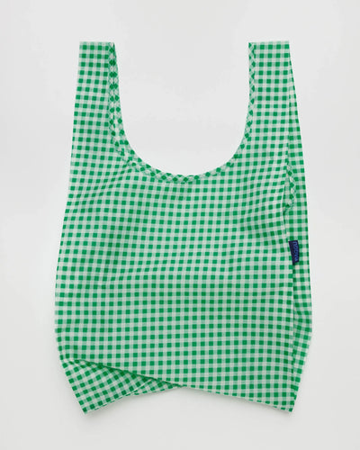 Ripstop Nylon grocery bag from Baggu in a green gingham print. 