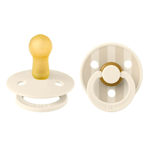 2 pack of baby pacifiers featuring a beige and ivory striped pattern. 