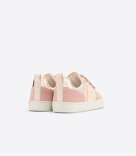 Load image into Gallery viewer, Children Veja sneaker featuring a pink, purple, orange, and beige colour way. Three velcro straps on front for a snug fit.
