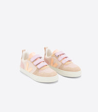 Load image into Gallery viewer, Children Veja sneaker featuring a pink, purple, orange, and beige colour way. Three velcro straps on front for a snug fit.
