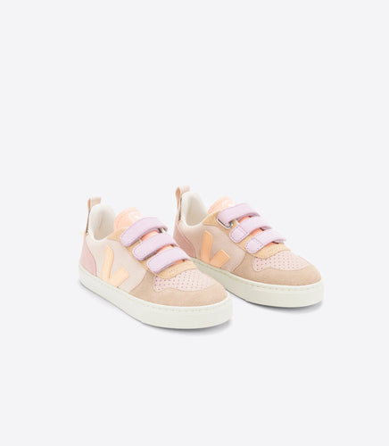 Children Veja sneaker featuring a pink, purple, orange, and beige colour way. Three velcro straps on front for a snug fit.
