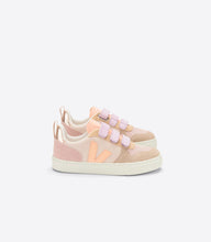 Load image into Gallery viewer, Children Veja sneaker featuring a pink, purple, orange, and beige colour way. Three velcro straps on front for a snug fit. 
