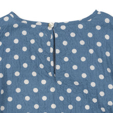 Load image into Gallery viewer, Children&#39;s long sleeve blue dress featuring a white polka dot all over print.
