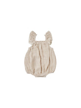 Load image into Gallery viewer, Flutter sleeves baby romper featured in a beige and oat gingham print. 
