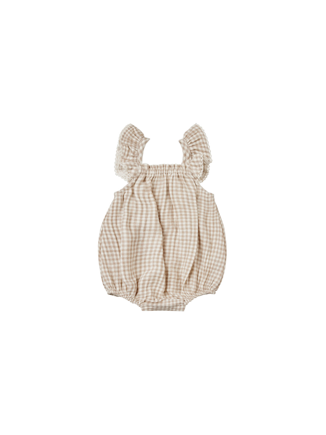 Flutter sleeves baby romper featured in a beige and oat gingham print. 