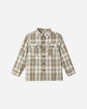 Load image into Gallery viewer, Rylee + Cru Pocketed Corduroy Shirt in olive dobby plaid cotton corduroy.
