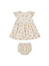 Load image into Gallery viewer, Flutter Sleeve Ivory Dress with a dark yellow flower all over print and matching bloomers.
