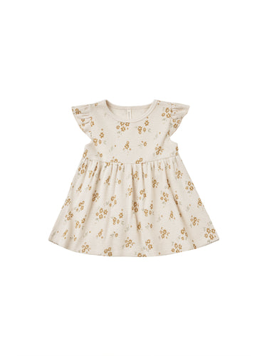 Flutter Sleeve Ivory Dress with a dark yellow flower all over print and matching bloomers.