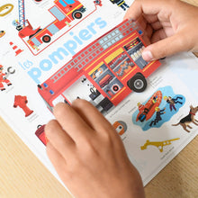 Load image into Gallery viewer,  this educational activity, children are passionate about the world of firefighters: vehicles, tools, clothing... They stick the stickers themselves on an A4 poster, which will then decorate the room.
