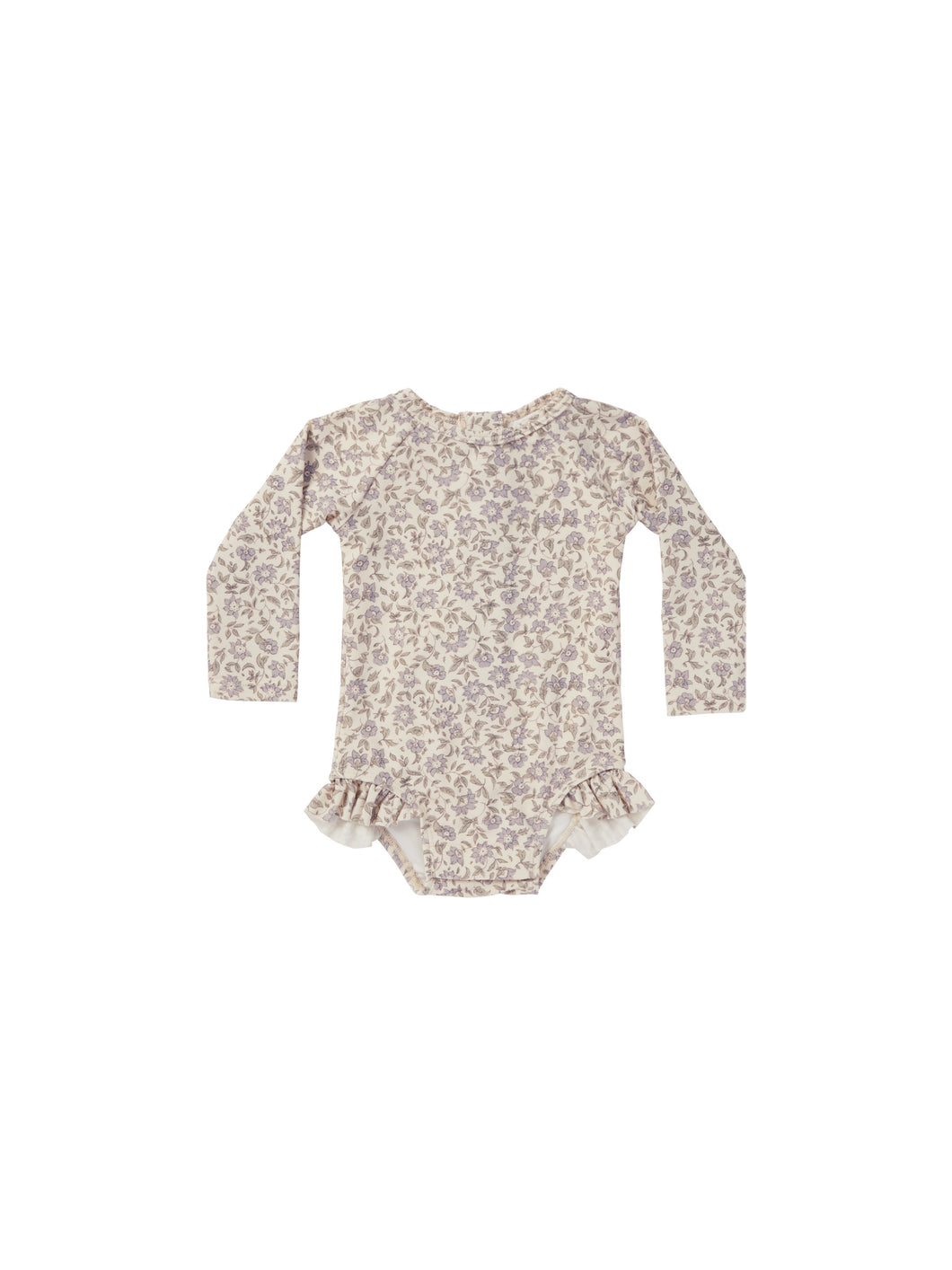 Beige long sleeve one-piece rash-guard with a blue floral all over print and ruffles around the hips.