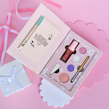 Load image into Gallery viewer, Nala play makeup kit come with:  Quality Keepsake Palette with luxe magnet closing 3 Natural Pressed Eyeshadows in Pink, Purple and White 1 Natural Pressed Blush in Pastel Peach 1 Natural &quot;Strawberry Cupcake&quot; Lip Gloss Wand 2 Nail Sticker Sheets in &quot;Unicorn&quot; and &quot;Princess&quot; A Quality Eco Bamboo Sponge Makeup Applicator Brush A Latex Free Sponge Applicator 
