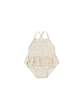 Load image into Gallery viewer, Ivory one-piece bathing suit with a ruffle waist and all over sun print. 
