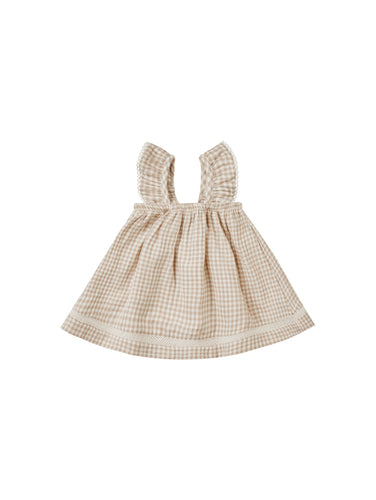 Oat and ivory plaid print on a ruffle sleeve dress. Dress comes with matching bloomers. 