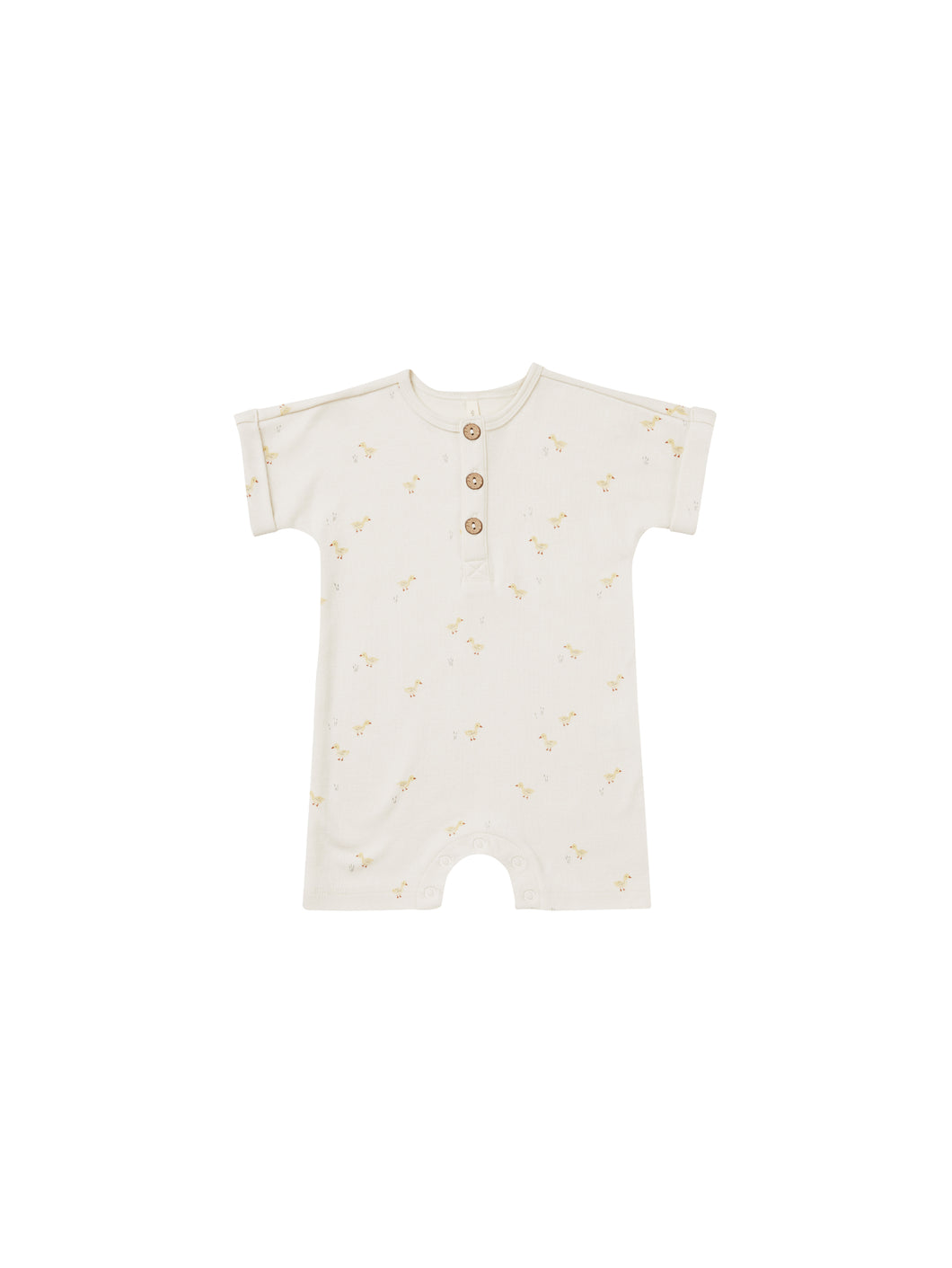 Ivory Romper with three buttons down the middle and a Duck all over print. 
