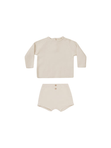 Long sleeve tee with matching bloomers featured in a natural colour and knit material. 