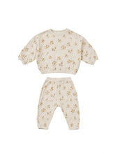 Load image into Gallery viewer, Ivory waffle slouch set with crewneck and matching sweatpants. This set also features a dark yellow floral all over print. 
