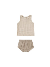Load image into Gallery viewer, Oat Gingham tank top with matching beige bloomers.
